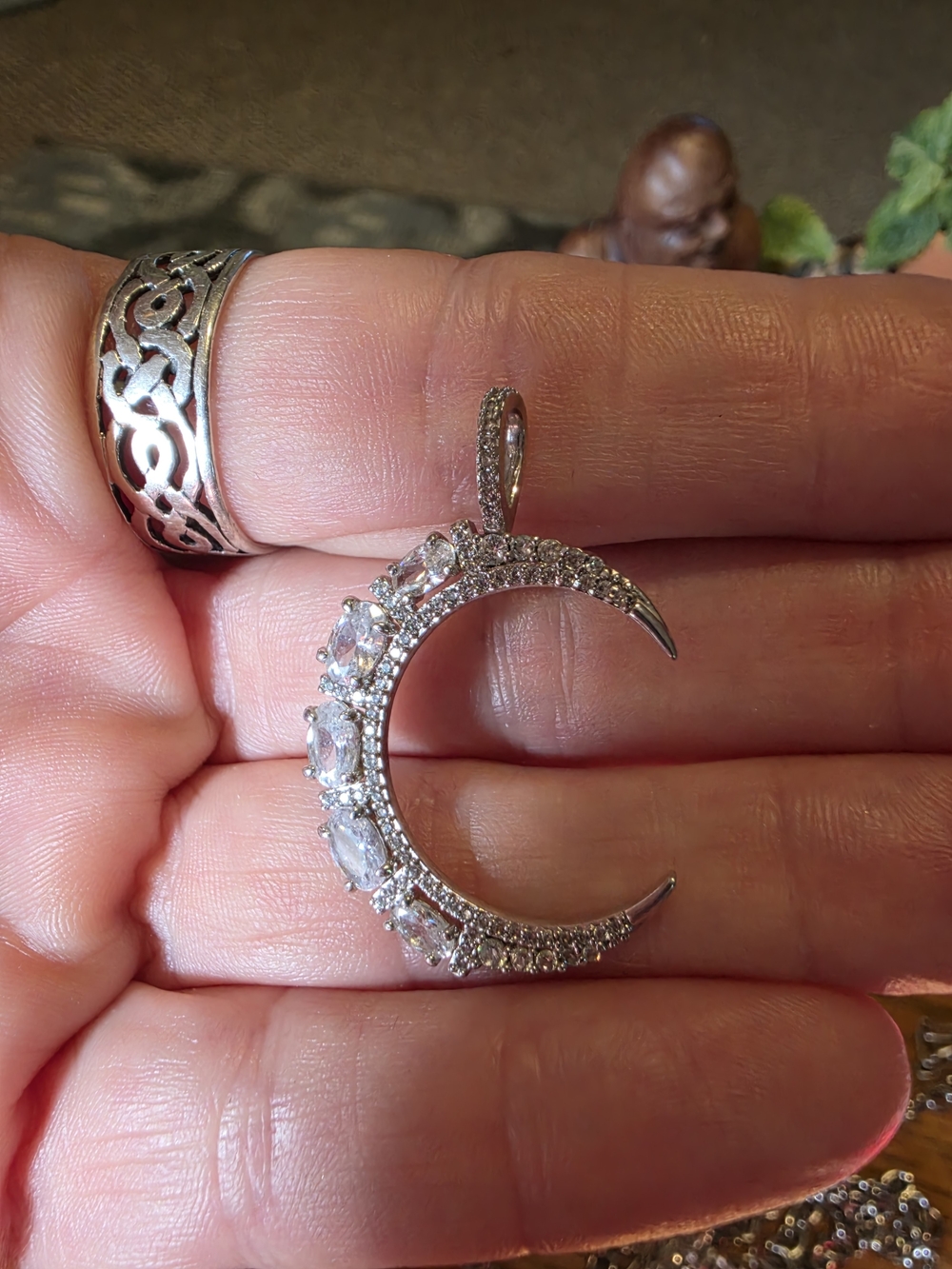 Melinda Maria "She's An Icon" Silver Crescent Moon Pendant with Clear Crystals.